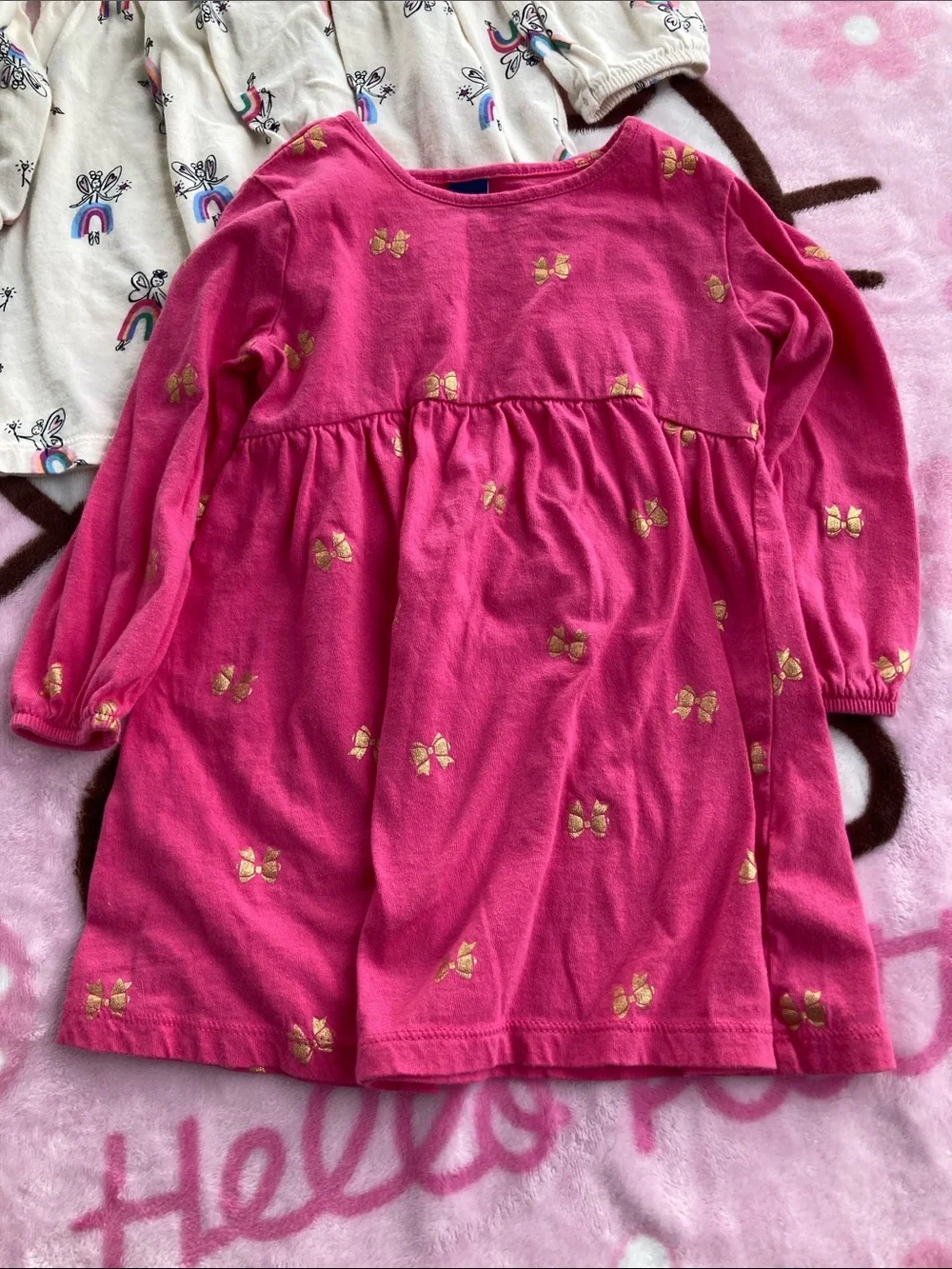100% Cotton Girls' Long-Sleeve Dresses — Pink and Cream with Gold Accents